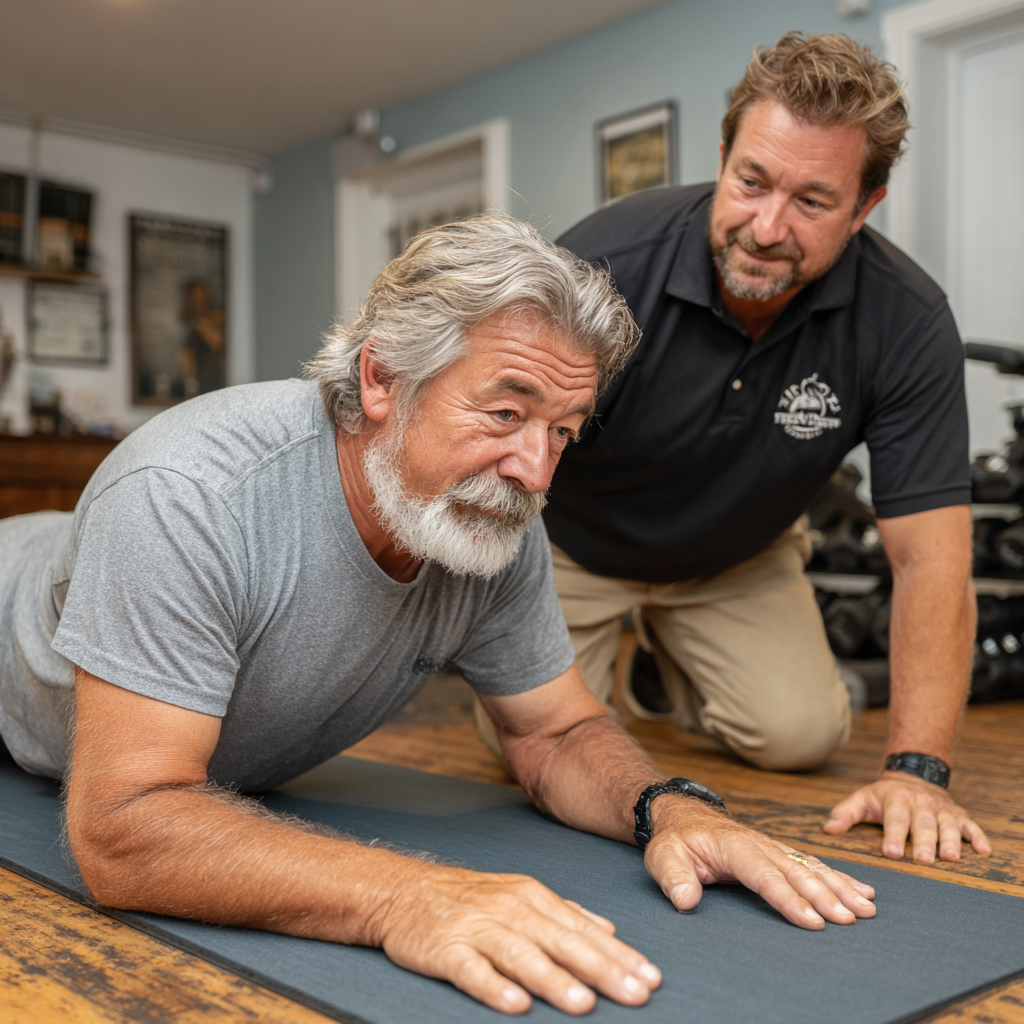 Тренер віком 52 роки працює індивідуально з клієнткою 59 років, демонструючи правильну техніку виконання вправ в затишному фітнес-залі