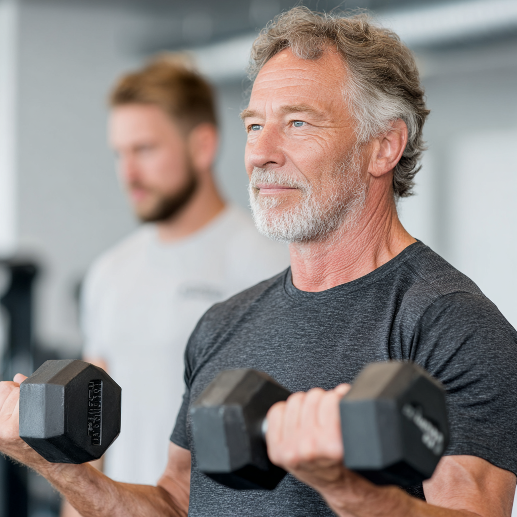 Чоловік 55 років виконує силові вправи з гантелями в спортивному залі, демонструючи правильну техніку під наглядом тренера