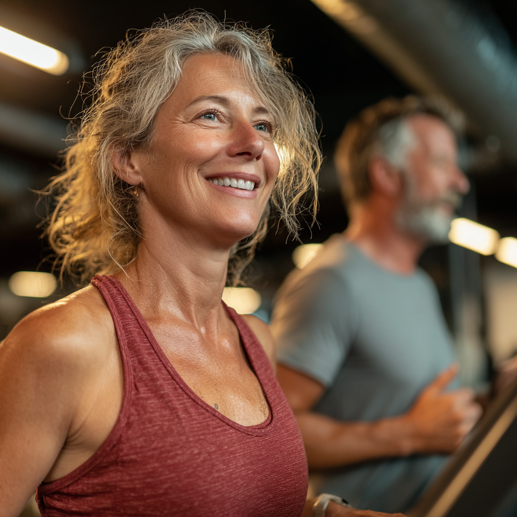 Жінка 58 років займається кардіо-тренуванням на біговій доріжці в сучасному фітнес-центрі, посміхаючись та демонструючи гарну фізичну форму