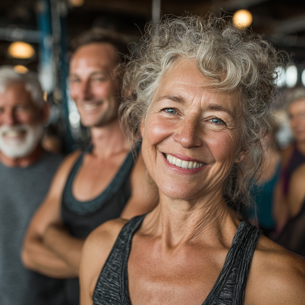 Група людей віком 50-60 років разом виконує групові вправи в залі, всі посміхаються та підтримують один одного під час тренування